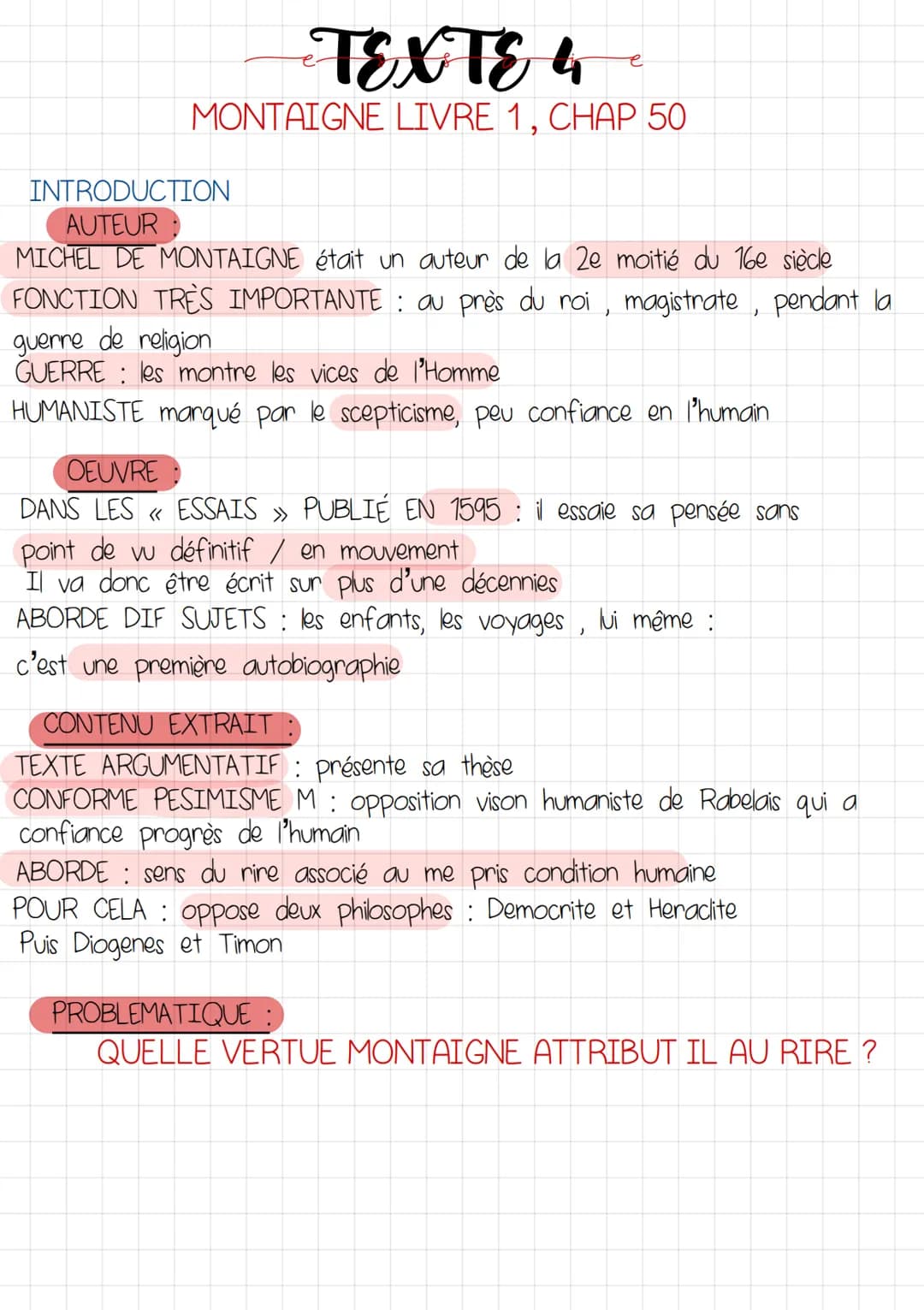 TEXTE 4
MONTAIGNE LIVRE 1, CHAP 50
e
INTRODUCTION
AUTEUR
MICHEL DE MONTAIGNE était un auteur de la 2e moitié du 16e siècle
FONCTION TRÈS IMP