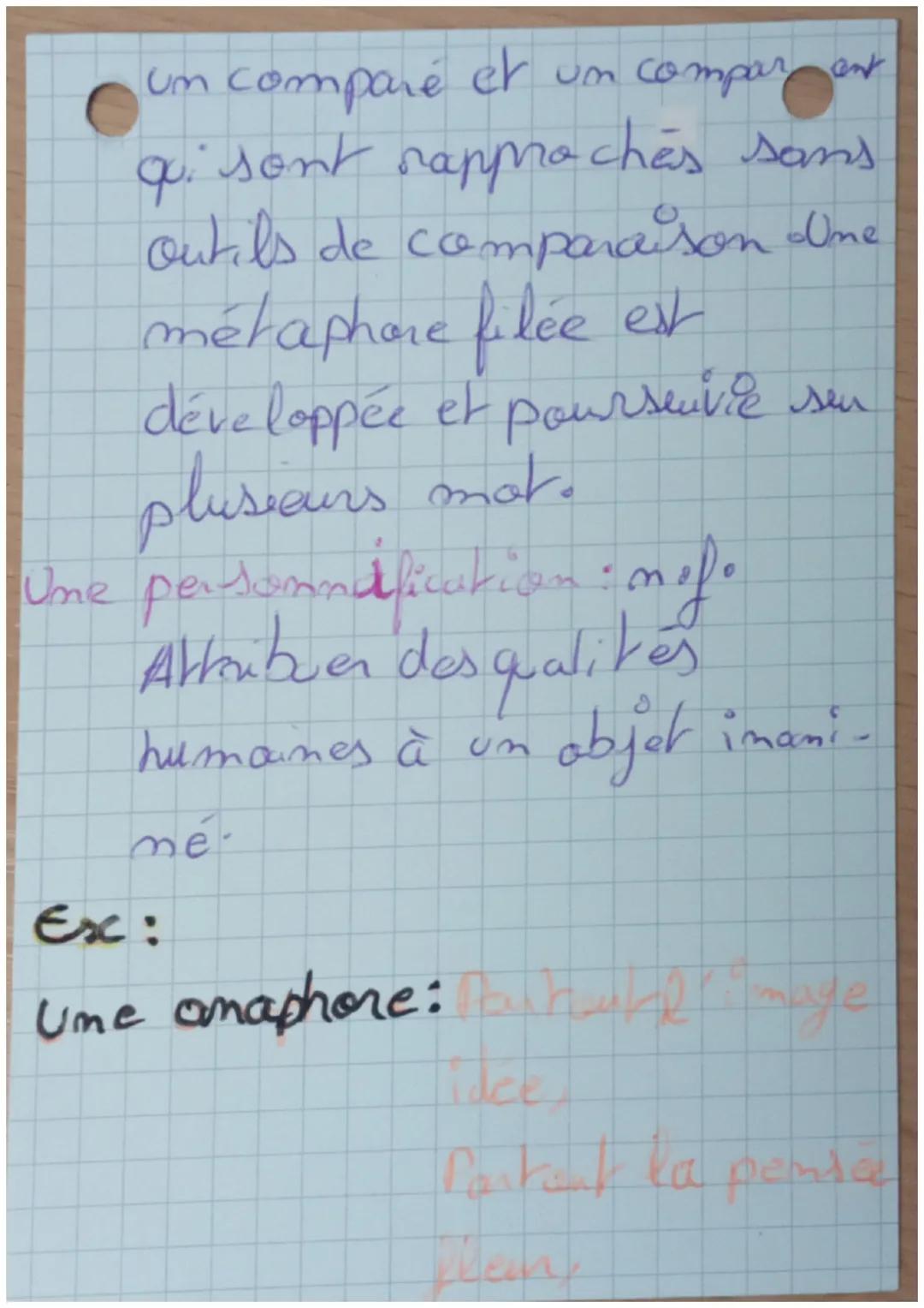 Français

une amaphore: mof. Répétition
d'une même expre-
ssion ou d'un même
mot en débor de
phrase ou de vers.

une comparison: nof Etablin