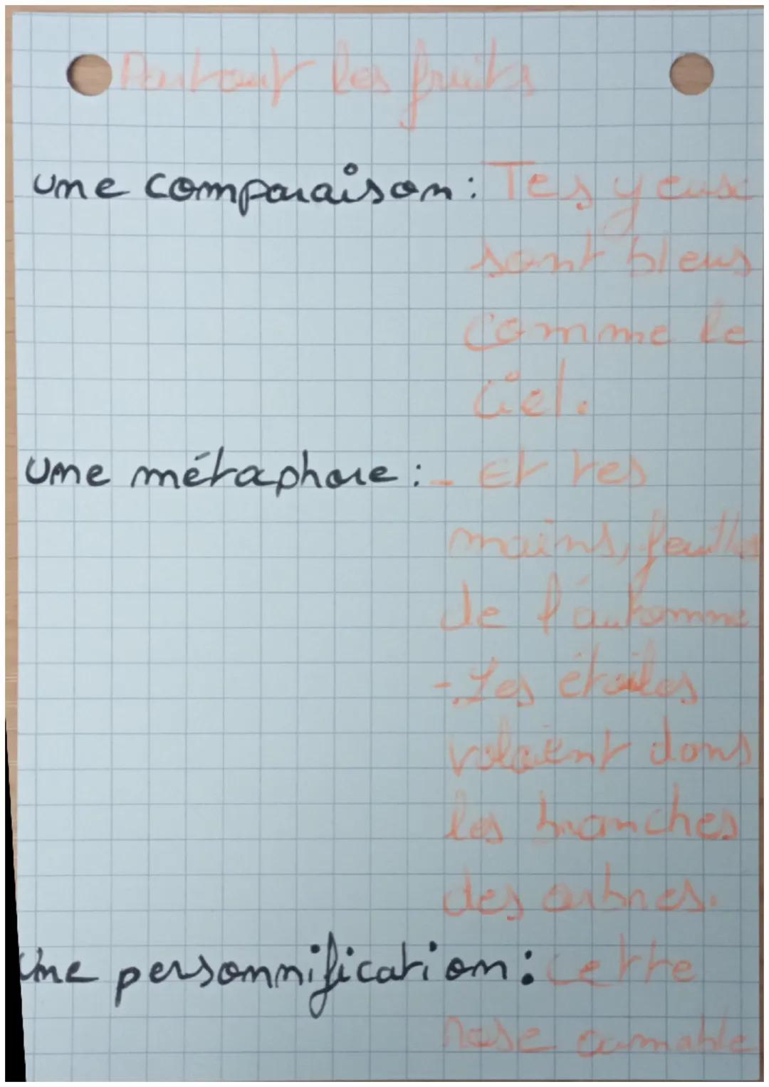 Français

une amaphore: mof. Répétition
d'une même expre-
ssion ou d'un même
mot en débor de
phrase ou de vers.

une comparison: nof Etablin