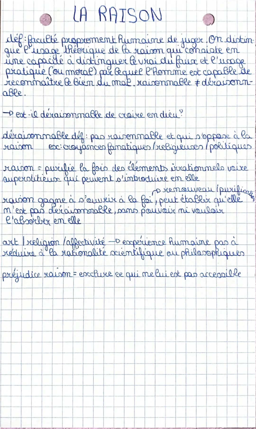 gue
LA RAISON
def:faculté proprement humaine de juger. On distin-
l'usage théorique de la raison qui consiste en
une capacité à distinguer l