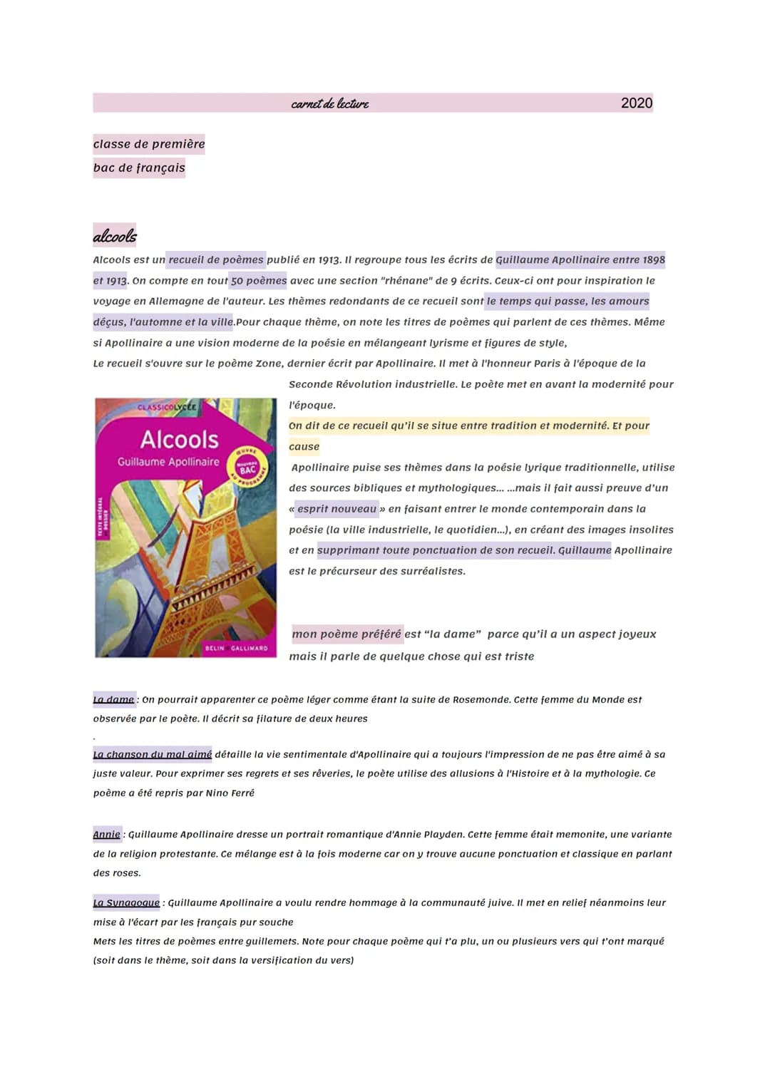 classe de première
bac de français
CLASSICOLYCEE
alcools
Alcools est un recueil de poèmes publié en 1913. Il regroupe tous les écrits de Gui