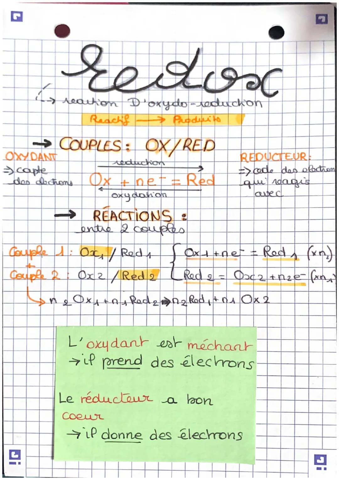 ง
redox
> reaction D'oxydo-reduction
Reach
→ Produits
→ COUPLES: OX/RED
OXYDANT
=copte
reduction
des doctions Ox + ne
oxydation
REACTIONS
en