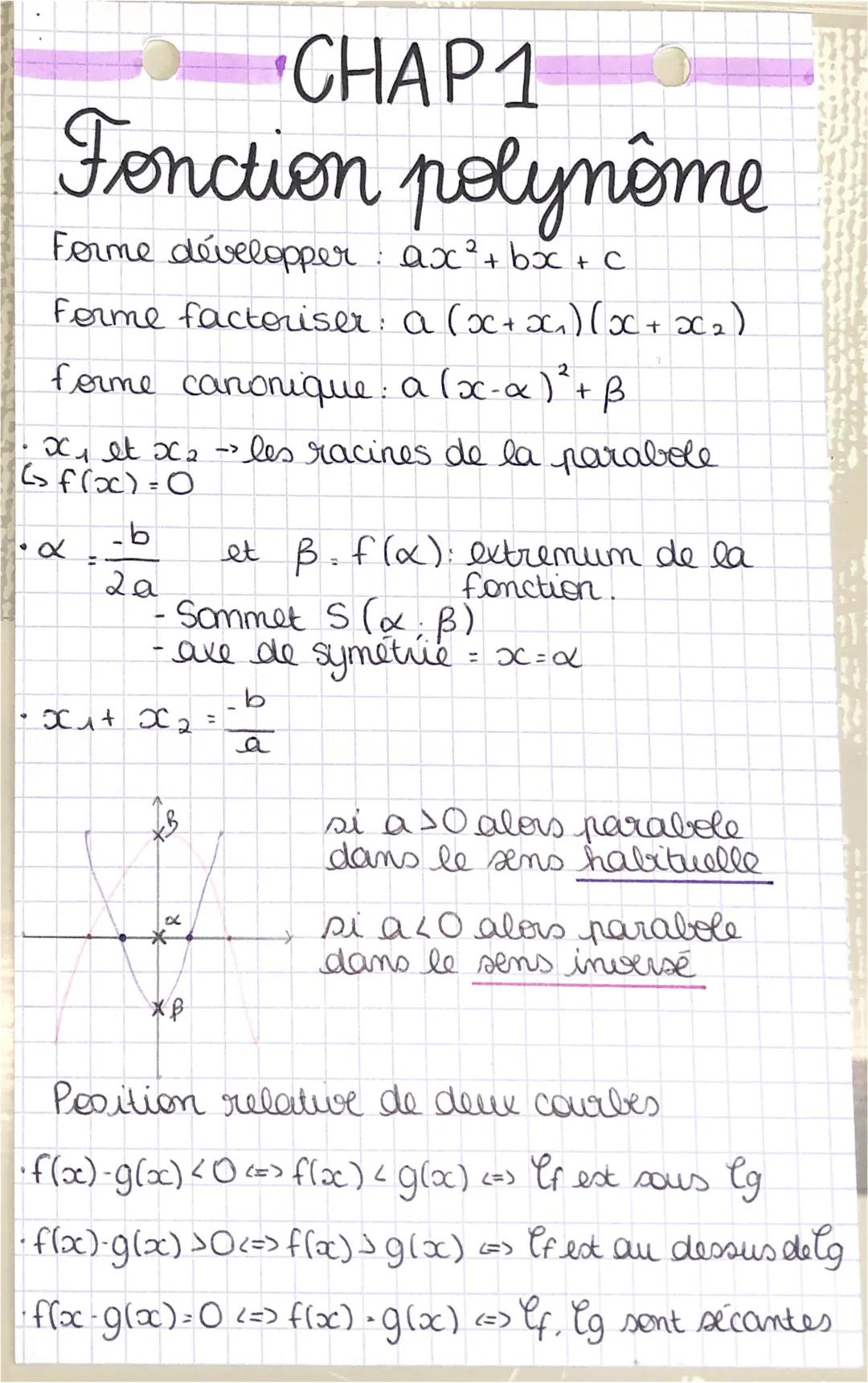 CHAP 1
Fonction polynome
Forme développer : ax²+bx+c
Forme factoriser: a (x + x₁)(x+x₂)
U
forme canonique : a (x-x)² + ß
• x₁ et x₂ > les ra