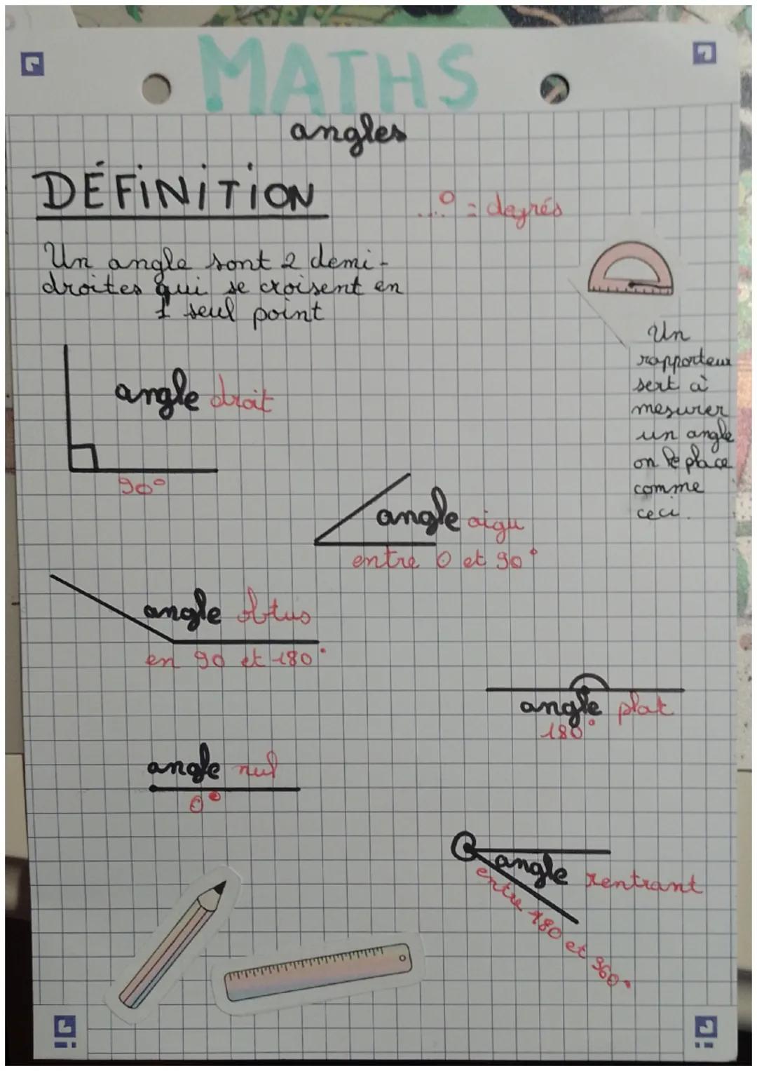 # MATHS
angles

DEFINITION

Un angle sont 2 demi-
droites qui se croisent en
I seul point

angle droit

90°

angle obtus
en 90 et 180°

... 