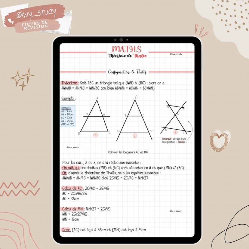 @livy_study
FICHES DE
REVISION
Maths
Théorème
de Thalès
#3 ème
le @livy_study
FICHES DE
REVISION
Configuration de Thales
Théorème : Soit ABC