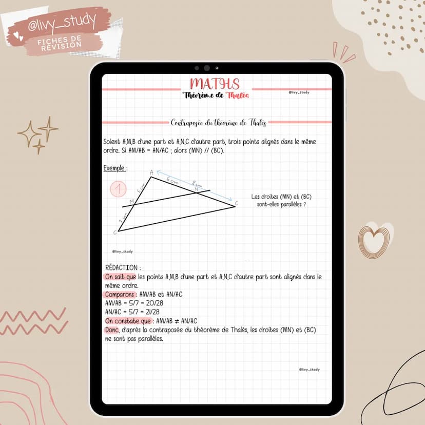 @livy_study
FICHES DE
REVISION
Maths
Théorème
de Thalès
#3 ème
le @livy_study
FICHES DE
REVISION
Configuration de Thales
Théorème : Soit ABC