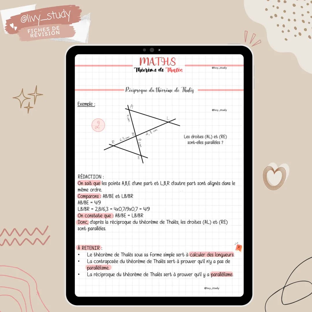 @livy_study
FICHES DE
REVISION
Maths
Théorème
de Thalès
#3 ème
le @livy_study
FICHES DE
REVISION
Configuration de Thales
Théorème : Soit ABC