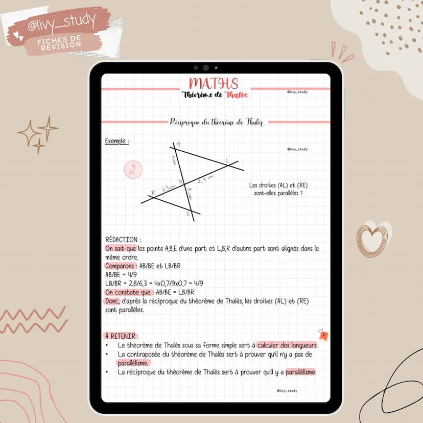 @livy_study
FICHES DE
REVISION
Maths
Théorème
de Thalès
#3 ème
le @livy_study
FICHES DE
REVISION
Configuration de Thales
Théorème : Soit ABC