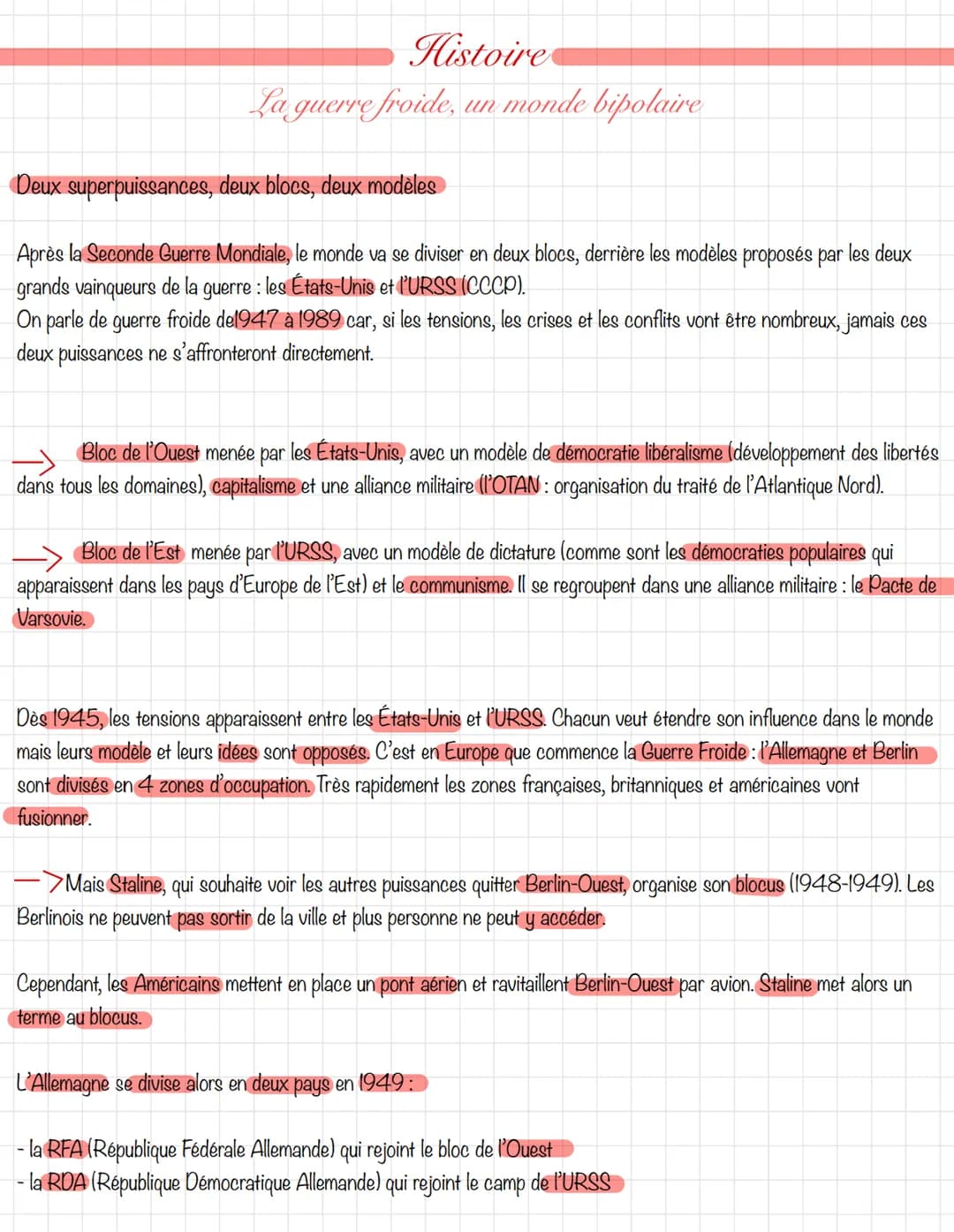 
<h2 id="rsumdelaguerrefroide">Résumé de la Guerre Froide</h2>
<p>Après la Seconde Guerre Mondiale, le monde se divise en deux blocs, dirigé