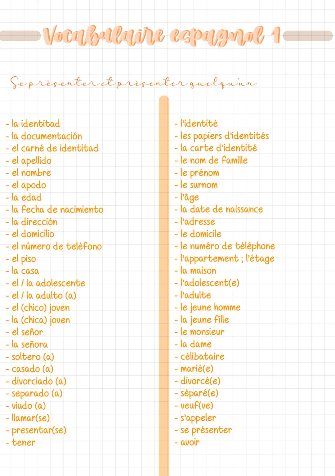 Vocabulaire espagnol 1
1—
Se présenter et présenter quelqu'un
- la identitad
-la documentación
- el carné de identitad
- el apellido
- el no