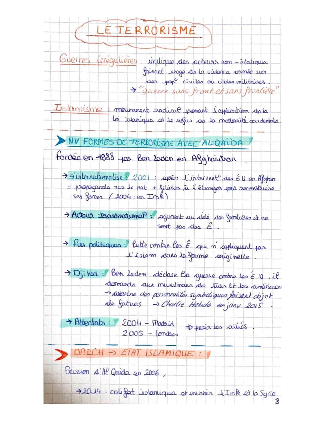 # LE TERRORISME

Guerres irrégulières implique des acteurs non - étatique
faisant usage de la vielance armée sur
des pop civiles ou cibles m