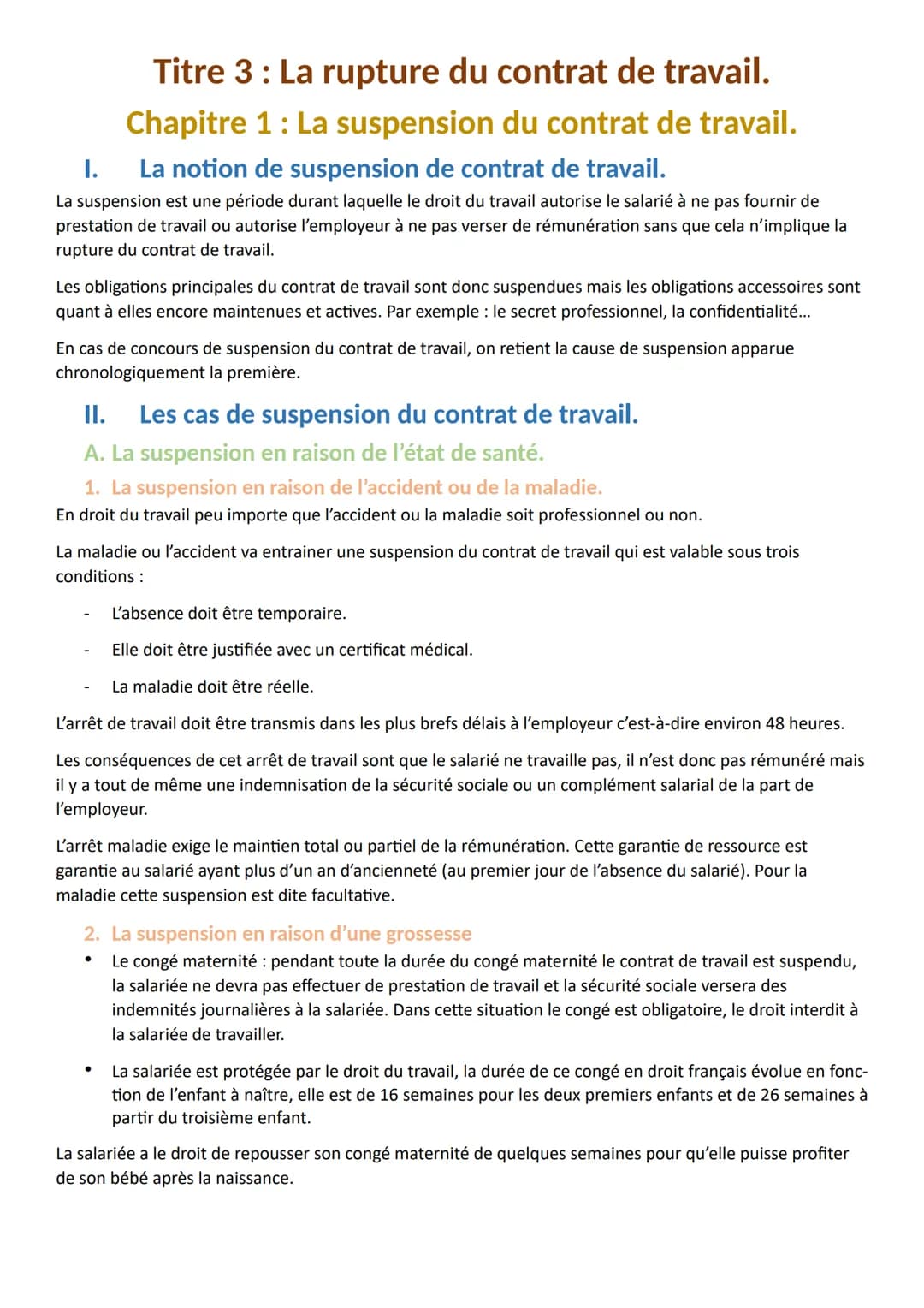 Titre 3 : La rupture du contrat de travail.
Chapitre 1 : La suspension du contrat de travail.
I.
La notion de suspension de contrat de trava