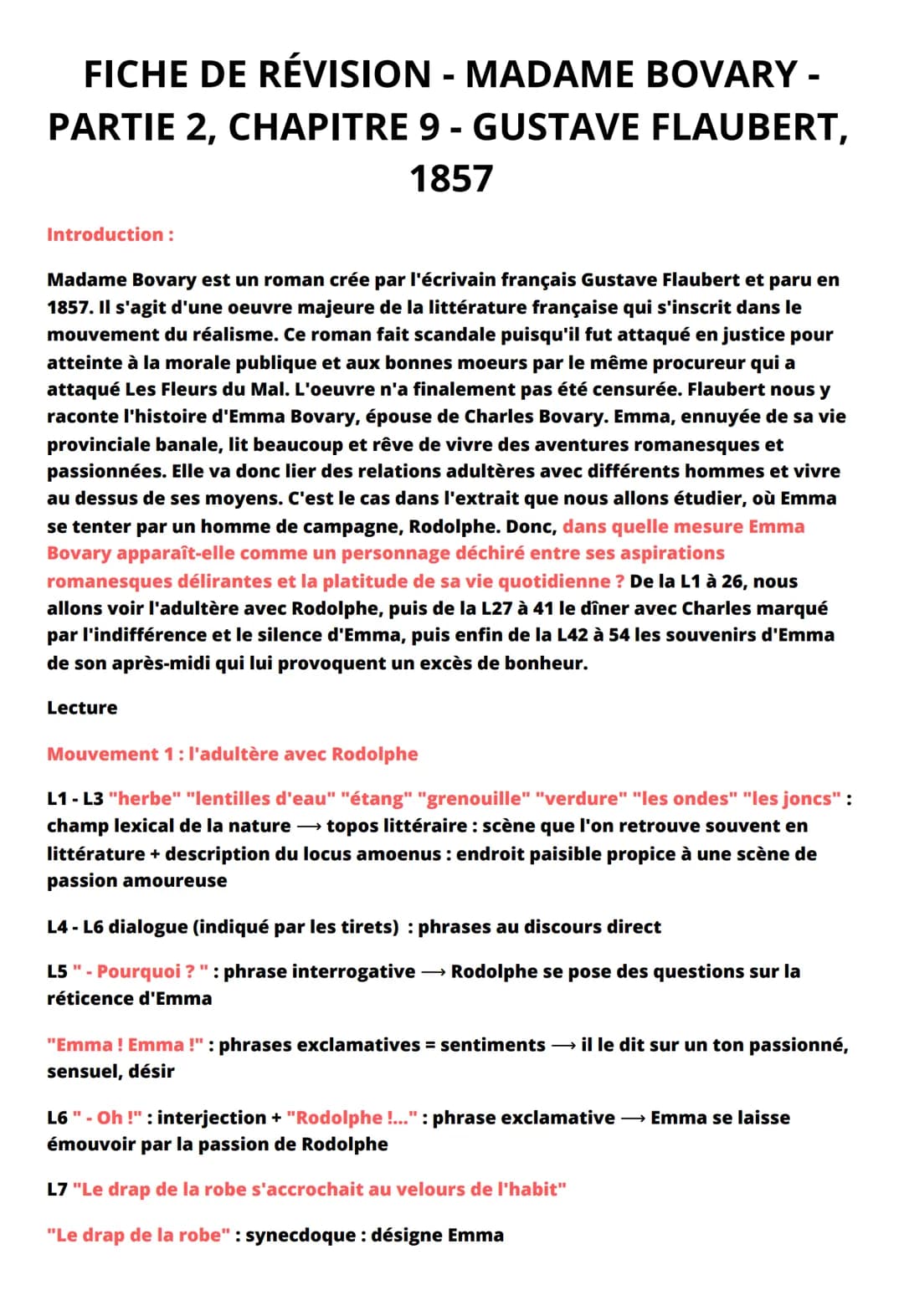 FICHE DE RÉVISION - MADAME BOVARY -
PARTIE 2, CHAPITRE 9 - GUSTAVE FLAUBERT,
1857
Introduction :
Madame Bovary est un roman crée par l'écriv