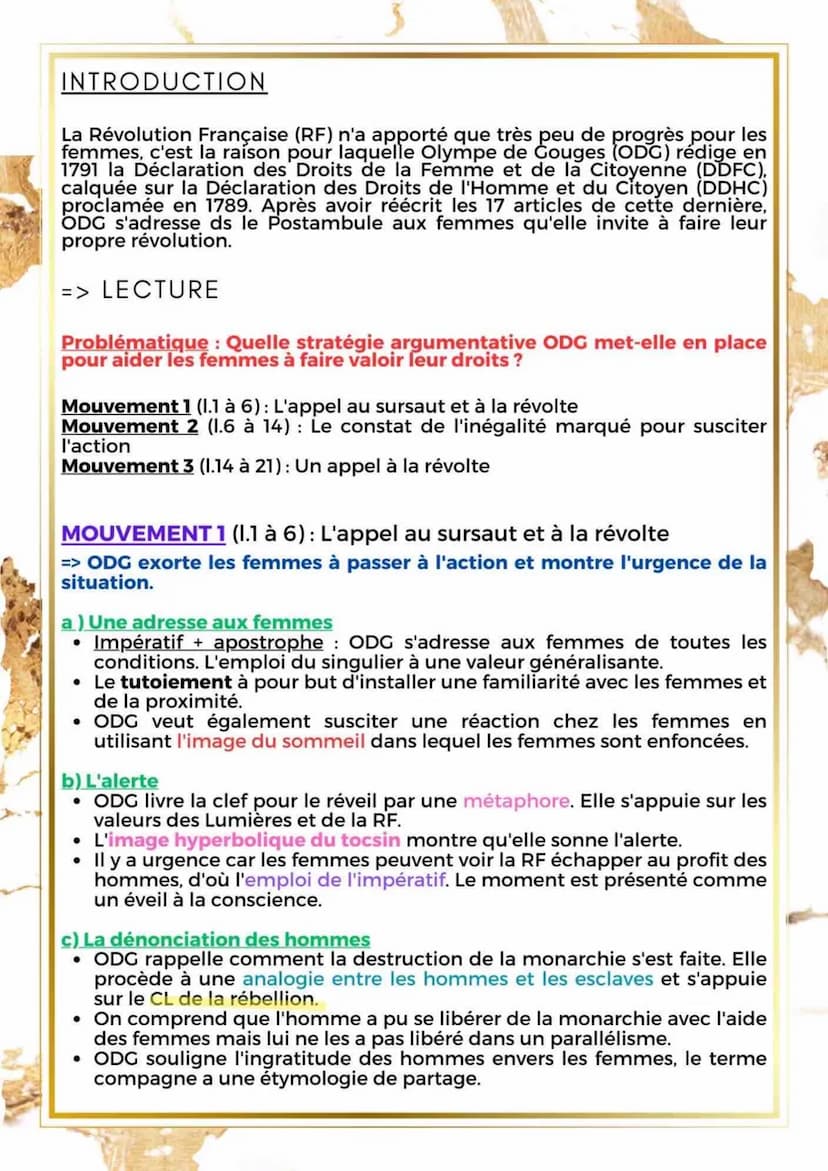 LA LITTÉRATURE D'IDÉES DU XVIEME AU XVIIIEME SIECLE
POSTAMBULE
ECRIRE ET COMBATTRE POUR L'ÉGALITÉ INTRODUCTION
La Révolution Française (RF) 
