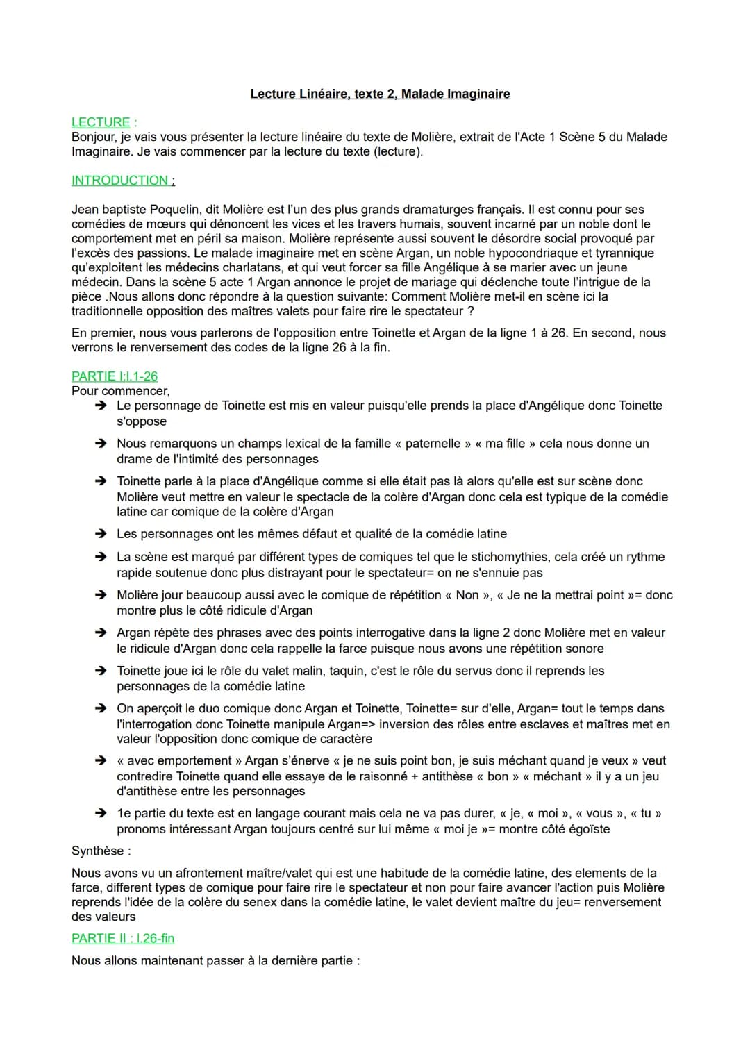 Lecture Linéaire, texte 2, Malade Imaginaire
LECTURE:
Bonjour, je vais vous présenter la lecture linéaire du texte de Molière, extrait de l'