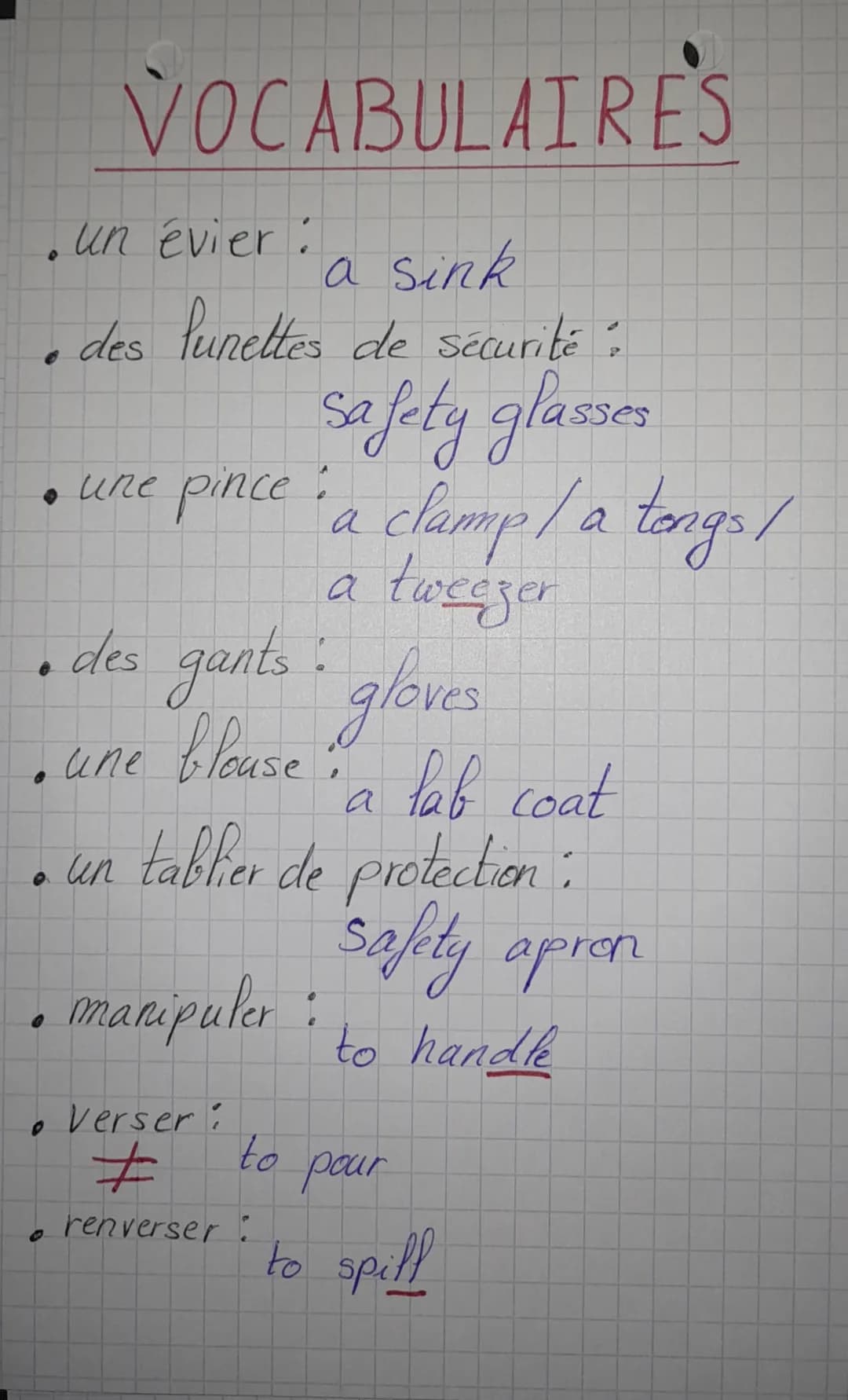 
<h2 id="lesarticlespourlascurit">Les articles pour la sécurité</h2>
<ul>
<li>Un évier</li>
<li>Des lunettes de sécurité</li>
<li>Une pince 
