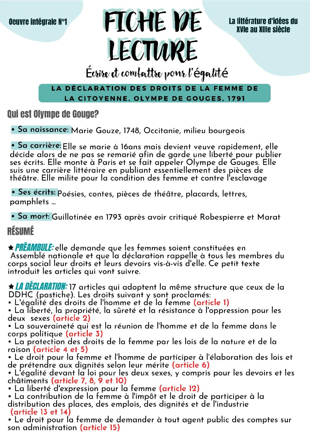 Fiche de Lecture Déclaration des Droits de la Femme et de la Citoyenne PDF - Résumé et Analyse Olympe de Gouges