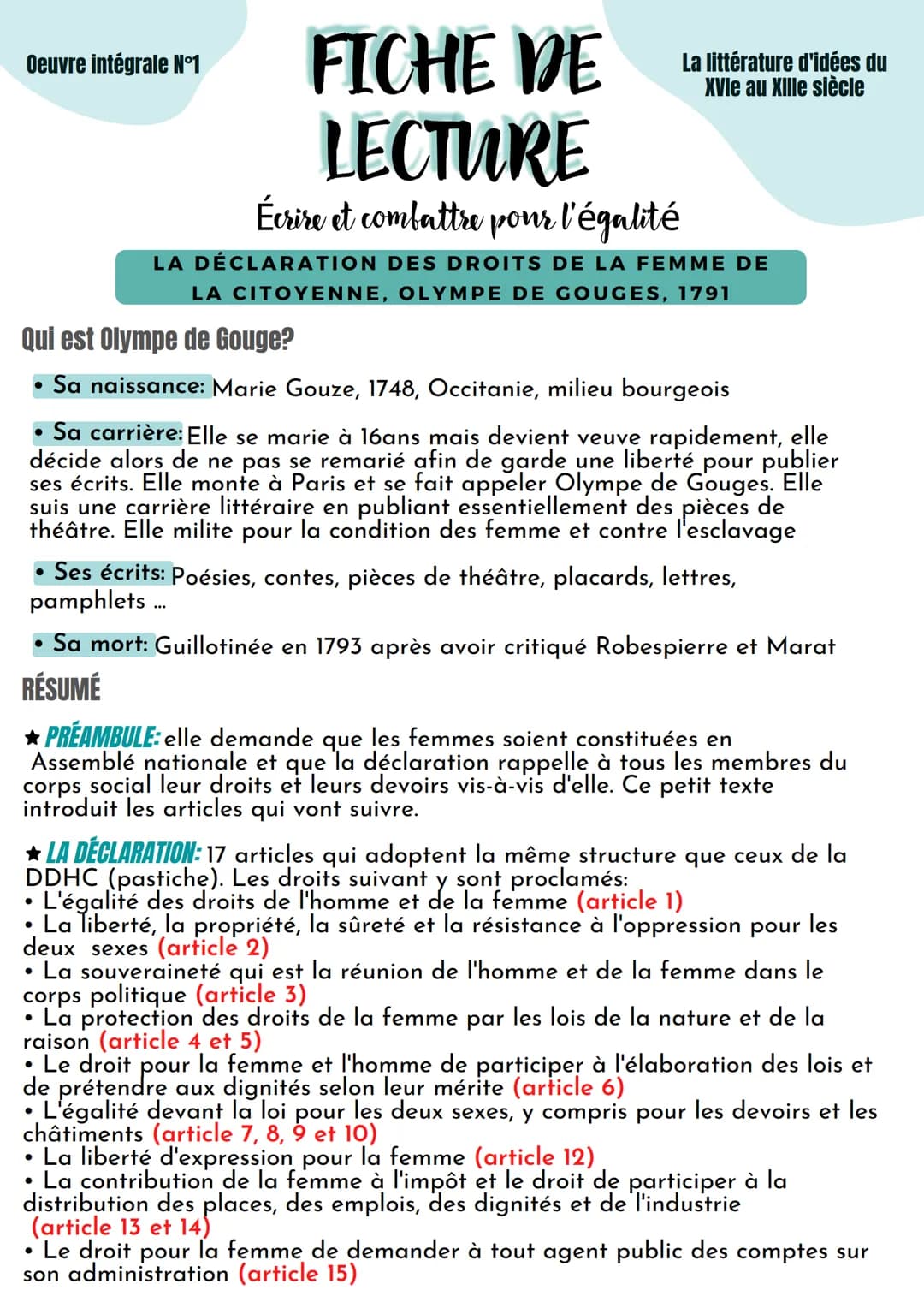 FICHE DE
LECTURE
Écrire et combattre pour l'égalité
LA DÉCLARATION DES DROITS DE LA FEMME DE
LA CITOYENNE, OLYMPE DE GOUGES, 1791
Oeuvre int