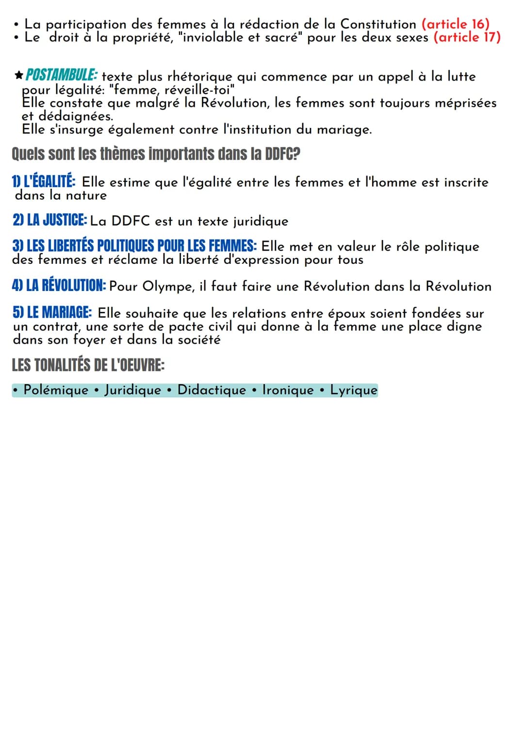 FICHE DE
LECTURE
Écrire et combattre pour l'égalité
LA DÉCLARATION DES DROITS DE LA FEMME DE
LA CITOYENNE, OLYMPE DE GOUGES, 1791
Oeuvre int