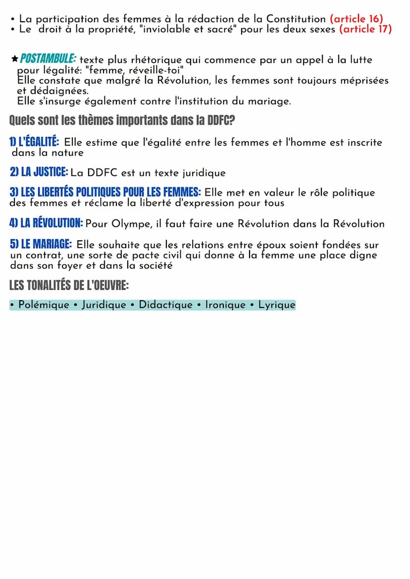 FICHE DE
LECTURE
Écrire et combattre pour l'égalité
LA DÉCLARATION DES DROITS DE LA FEMME DE
LA CITOYENNE, OLYMPE DE GOUGES, 1791
Oeuvre int