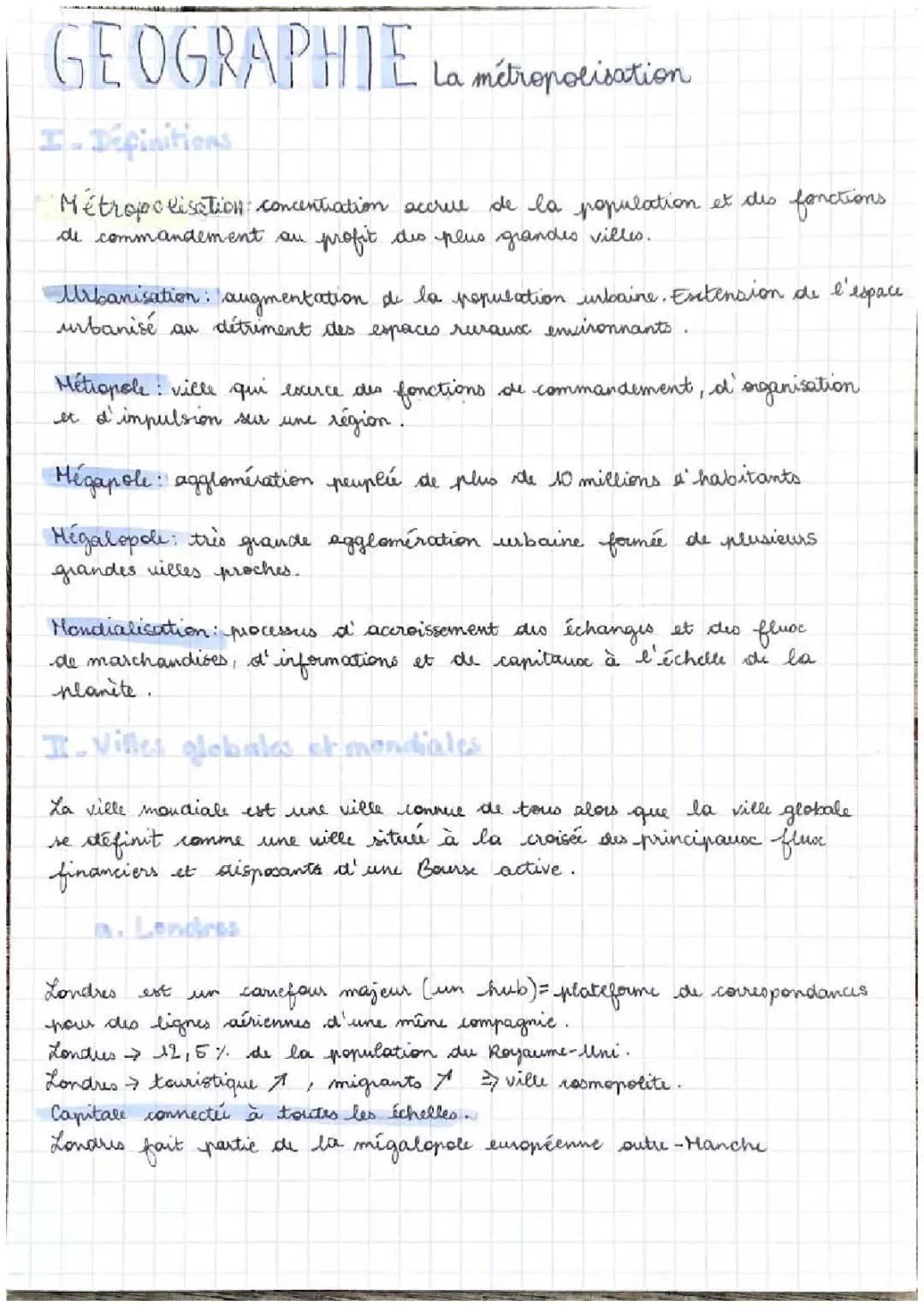 Contrôle sur la Métropolisation 1ère - Fiche de Révision et Définitions