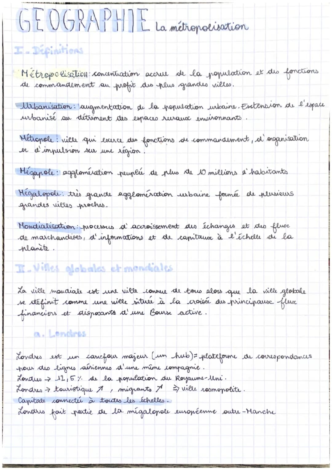 GEOGRAPHIE La métropolisation
I-Définitions
Metropolisation concentration accrue de la population et des fonctions
profit des plus grandes v