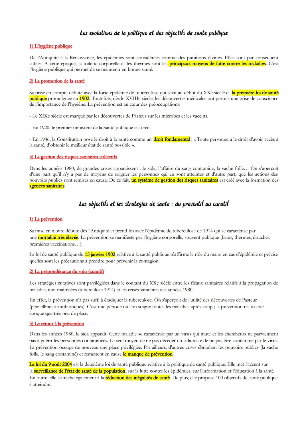 Les evolutions de la politique et des objectifs de sante publique
1) L'hygiène publique
De l'Antiquité à la Renaissance, les épidémies sont 