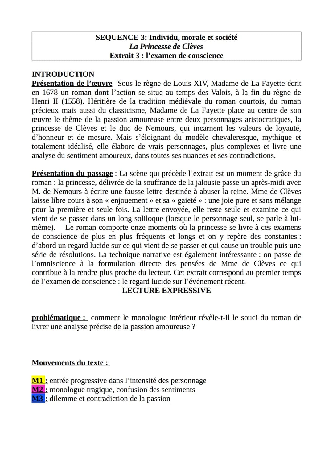 SEQUENCE 3: Individu, morale et société
La Princesse de Clèves
Extrait 3 : l'examen de conscience
INTRODUCTION
Présentation de l'œuvre Sous 