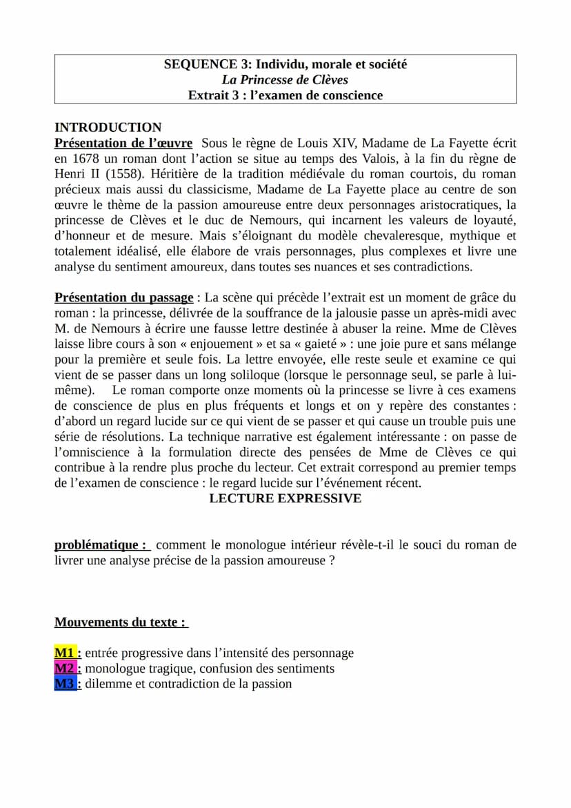 SEQUENCE 3: Individu, morale et société
La Princesse de Clèves
Extrait 3 : l'examen de conscience
INTRODUCTION
Présentation de l'œuvre Sous 