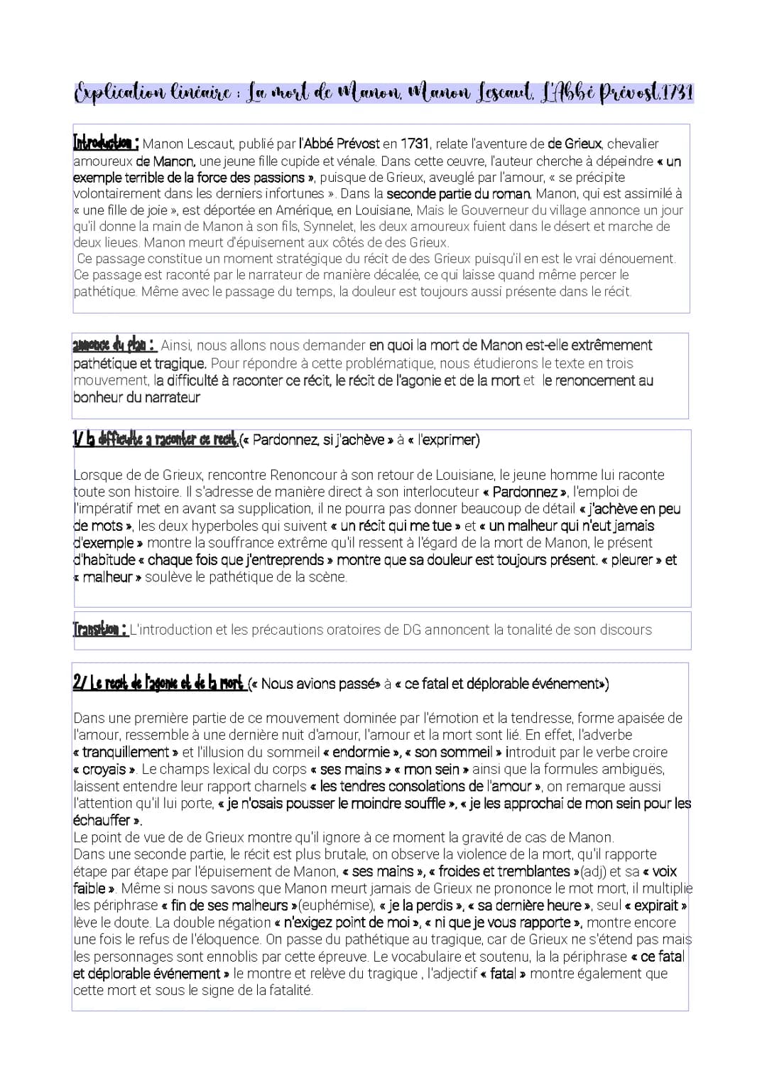 Manon Lescaut - Analyse Linéaire de la Mort de Manon