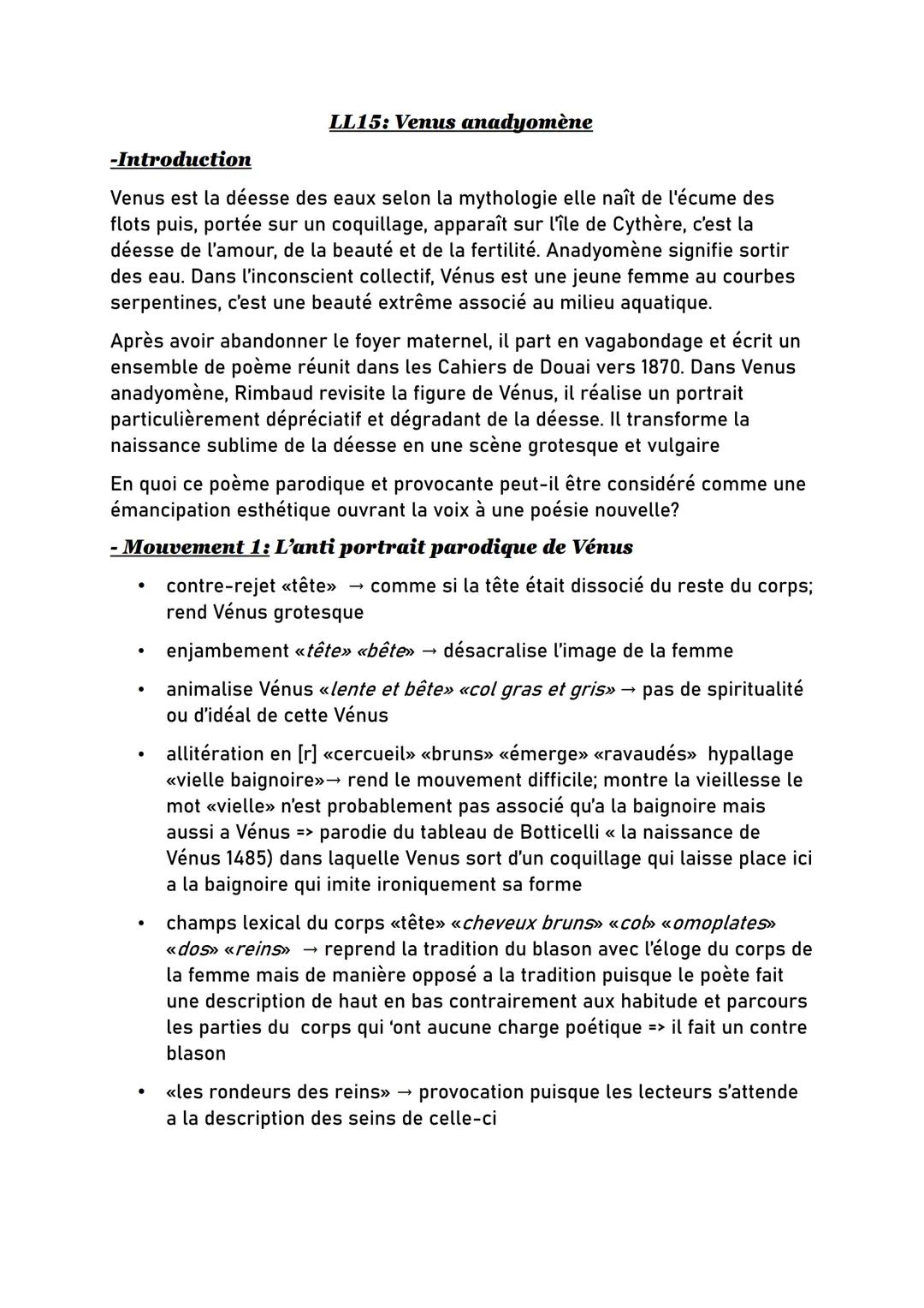 Analyse linéaire de 'Vénus Anadyomène' des Cahiers de Douai pour le Bac Français