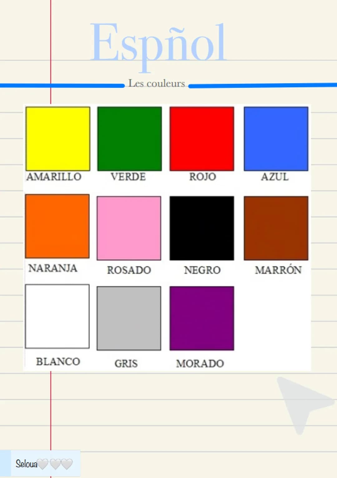 AMARILLO
NARANJA
BLANCO
Seloua
Espñol
Les couleurs
VERDE
ROSADO
GRIS
ROJO
NEGRO
MORADO
AZUL
MARRÓN
