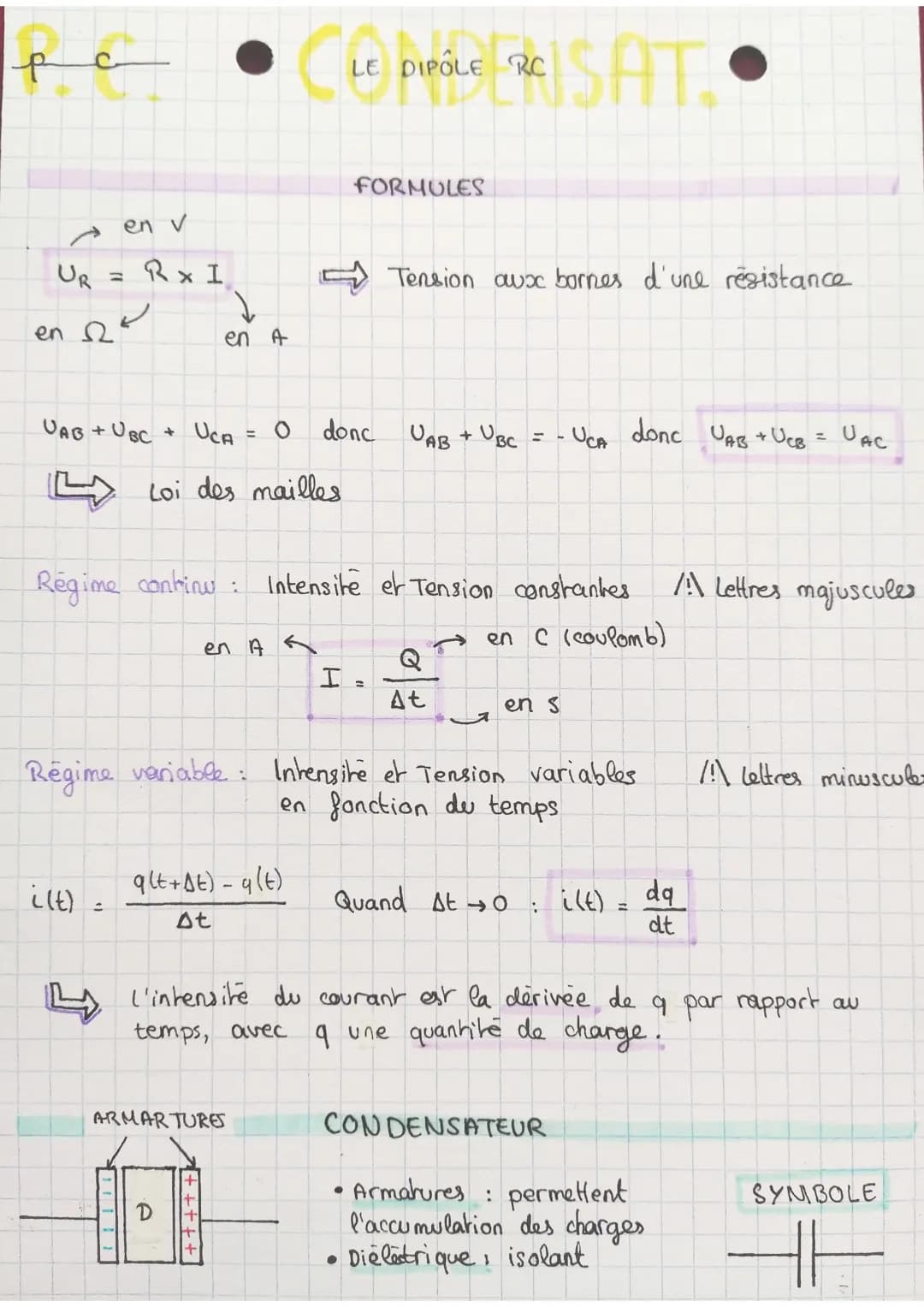 p
UR
en Ω
en v
UAB + UBC + UCA
i(t)
Rx I
:
Regime continu:
11
2
en A
Loi des mailles
en A
O
ARMARTURES
D
q(t+At) - g(t)
st
++++
C'LE PIRÓLE 