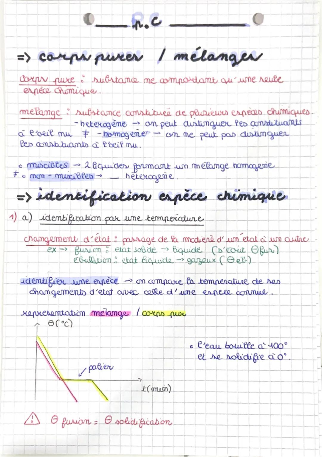 -n.c
=> carps pures / mélanger
corps pure : substance me comportant que une seule
espèce chimique.
melange substance constituée de plusieurs