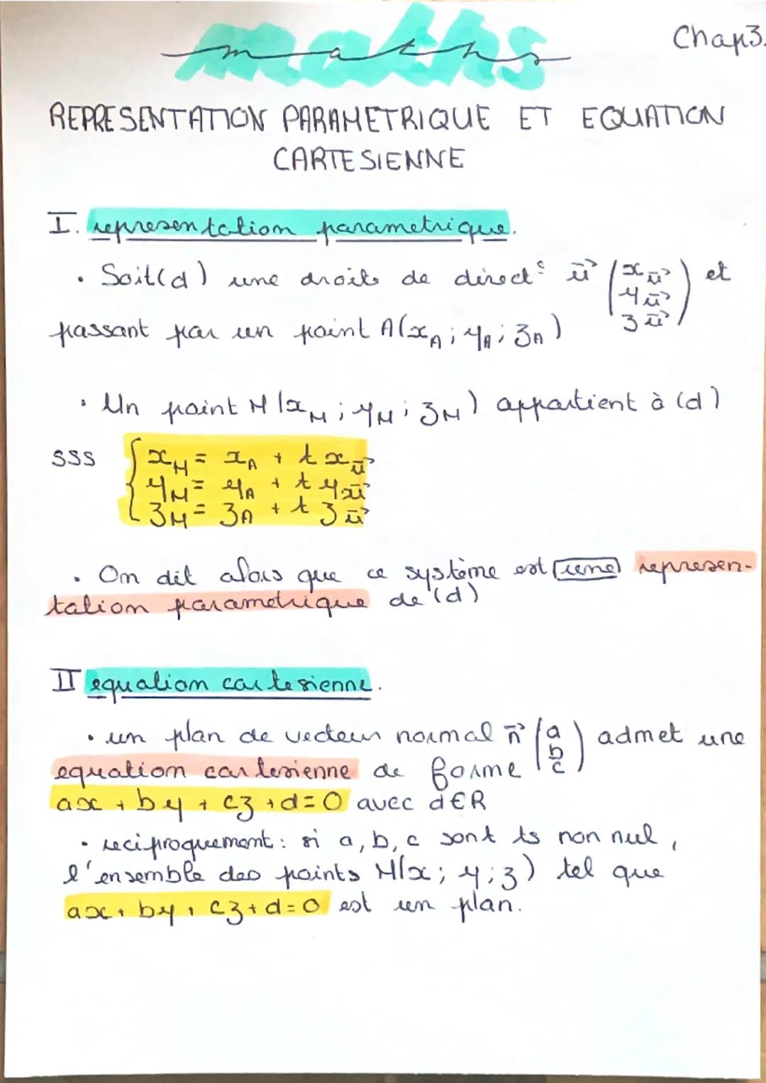 Chap3

REPRESENTATION PARAMETRIQUE ET EQUATION
CARTE SIENNE

I. representation parametrique.

- Soit(d) une droit de direct $\vec{u}$ $\begi