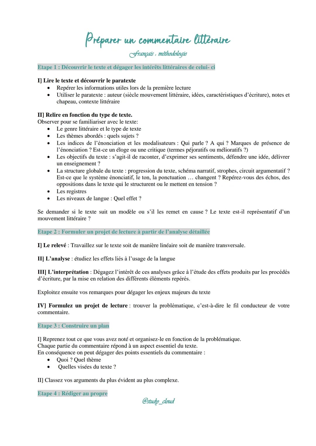 un commentaire littéraire
Français methodologie
Etape 1 : Découvrir le texte et dégager les intérêts littéraires de celui-ci
I] Lire le text