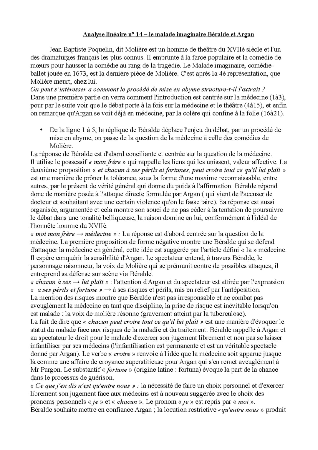 Analyse linéaire Le Malade imaginaire - Acte 3 Scène 3 PDF