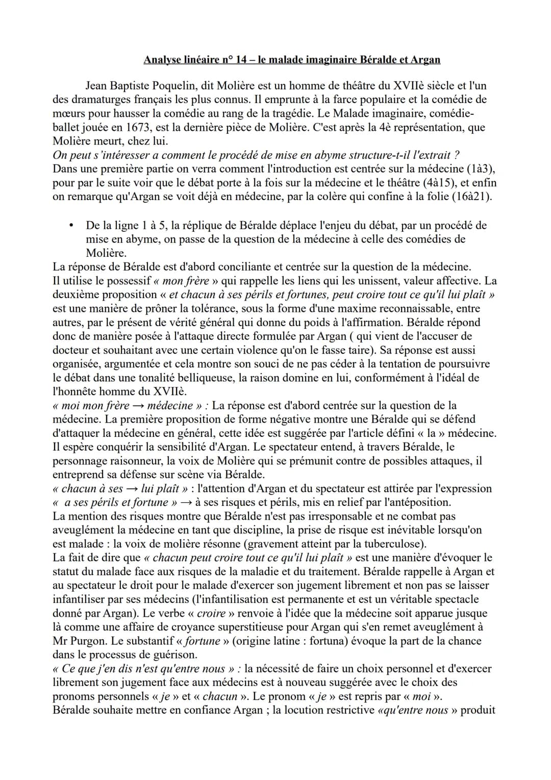 Analyse linéaire nº 14 – le malade imaginaire Béralde et Argan
Jean Baptiste Poquelin, dit Molière est un homme de théâtre du XVIIè siècle e