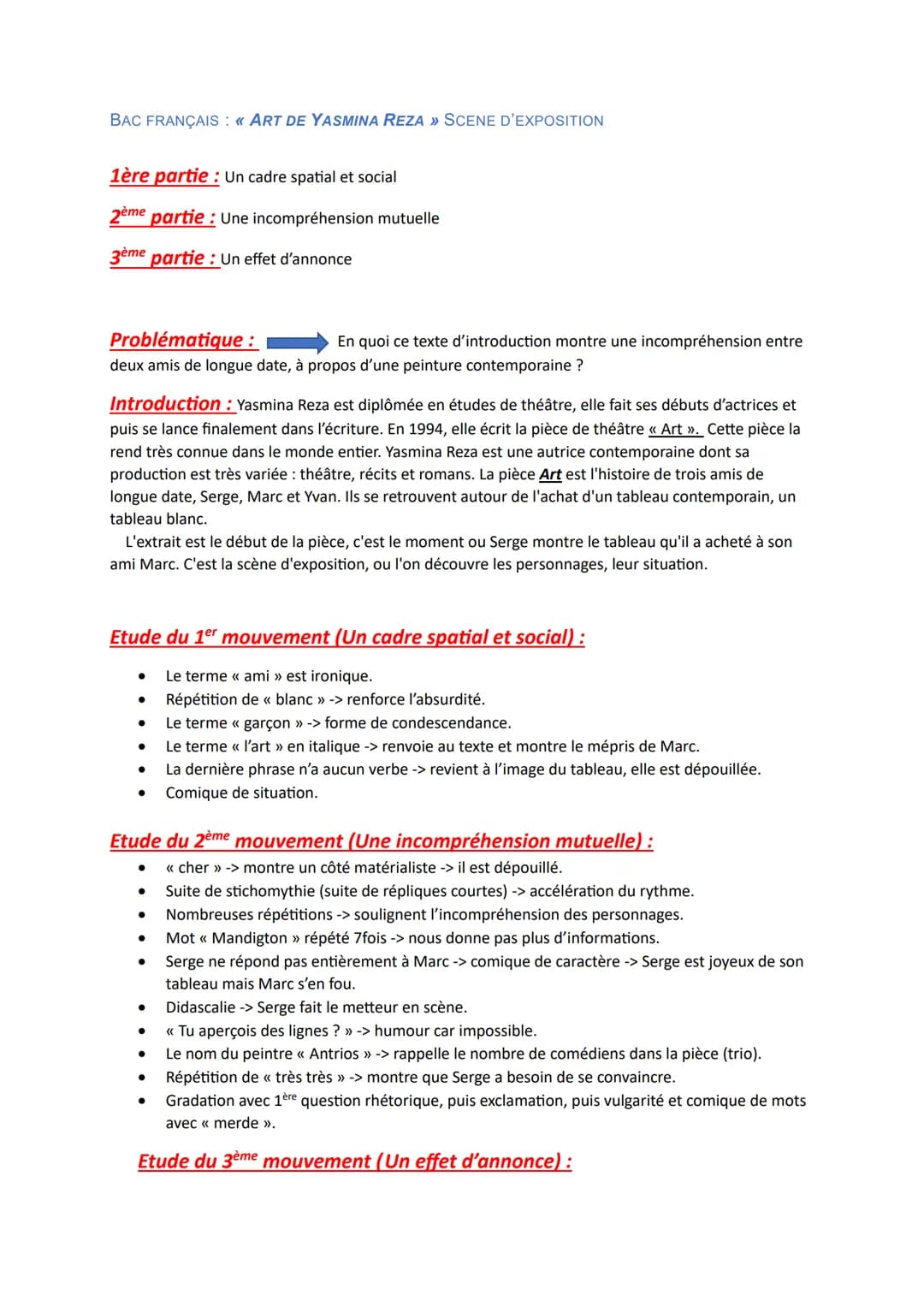 BAC FRANÇAIS : << ART DE YASMINA REZA » SCENE D'EXPOSITION
1ère partie : Un cadre spatial et social
2ème partie: Une incompréhension mutuell