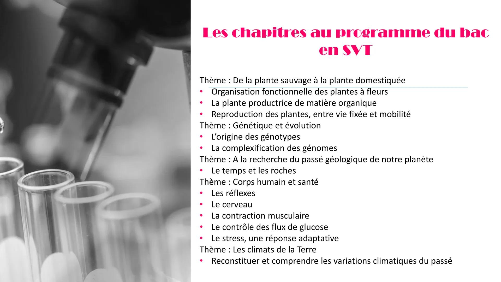 Les chapitres au programme du bac
en SVT
Thème : De la plante sauvage à la plante domestiquée
Organisation fonctionnelle des plantes à fleur