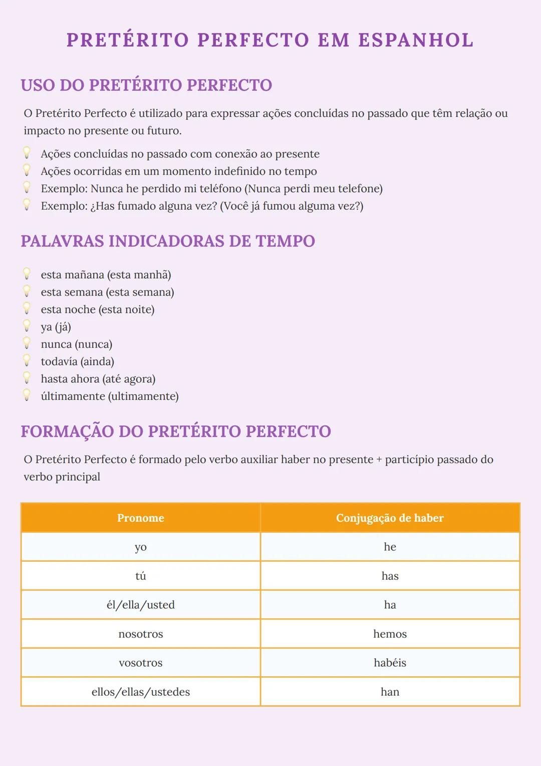 # PRETÉRITO PERFECTO EM ESPANHOL

## USO DO PRETÉRITO PERFECTO

O Pretérito Perfecto é utilizado para expressar ações concluídas no passado 