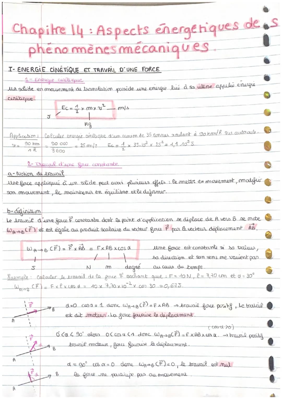 Chapitre 14: Aspects énergétiques de s
phenomènes mécaniques.
I-ENERGIE CINETIQUE ET TRAVAIL D'UNE FORCE
1- Energie cinétique
un sclide en m
