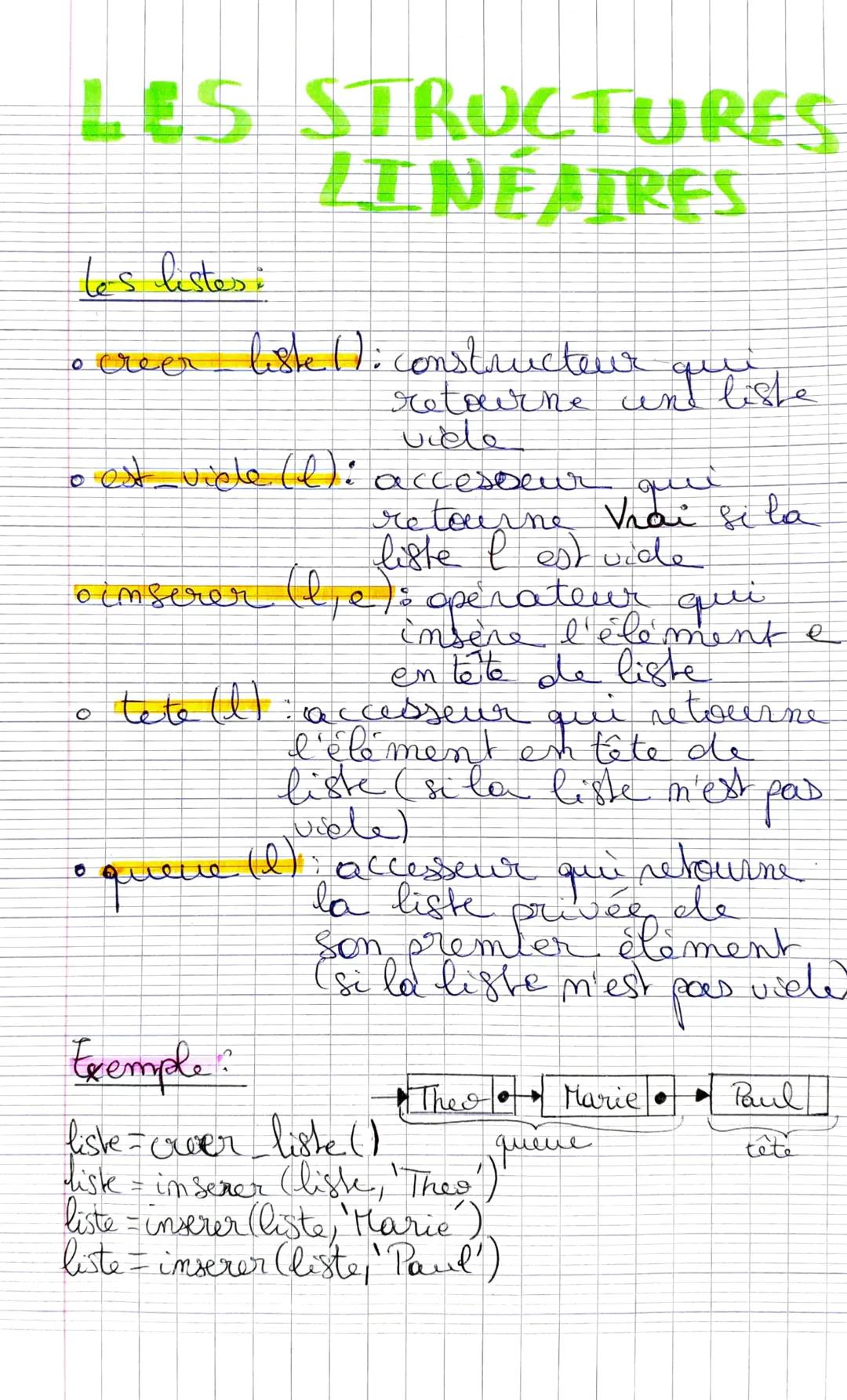 # LES STRUCTURES
LINEAIRES

les listes:

- creer liste (): constructeur qui
  retourne und liste
  vide
- est_viele (l): accesseur quui
  re