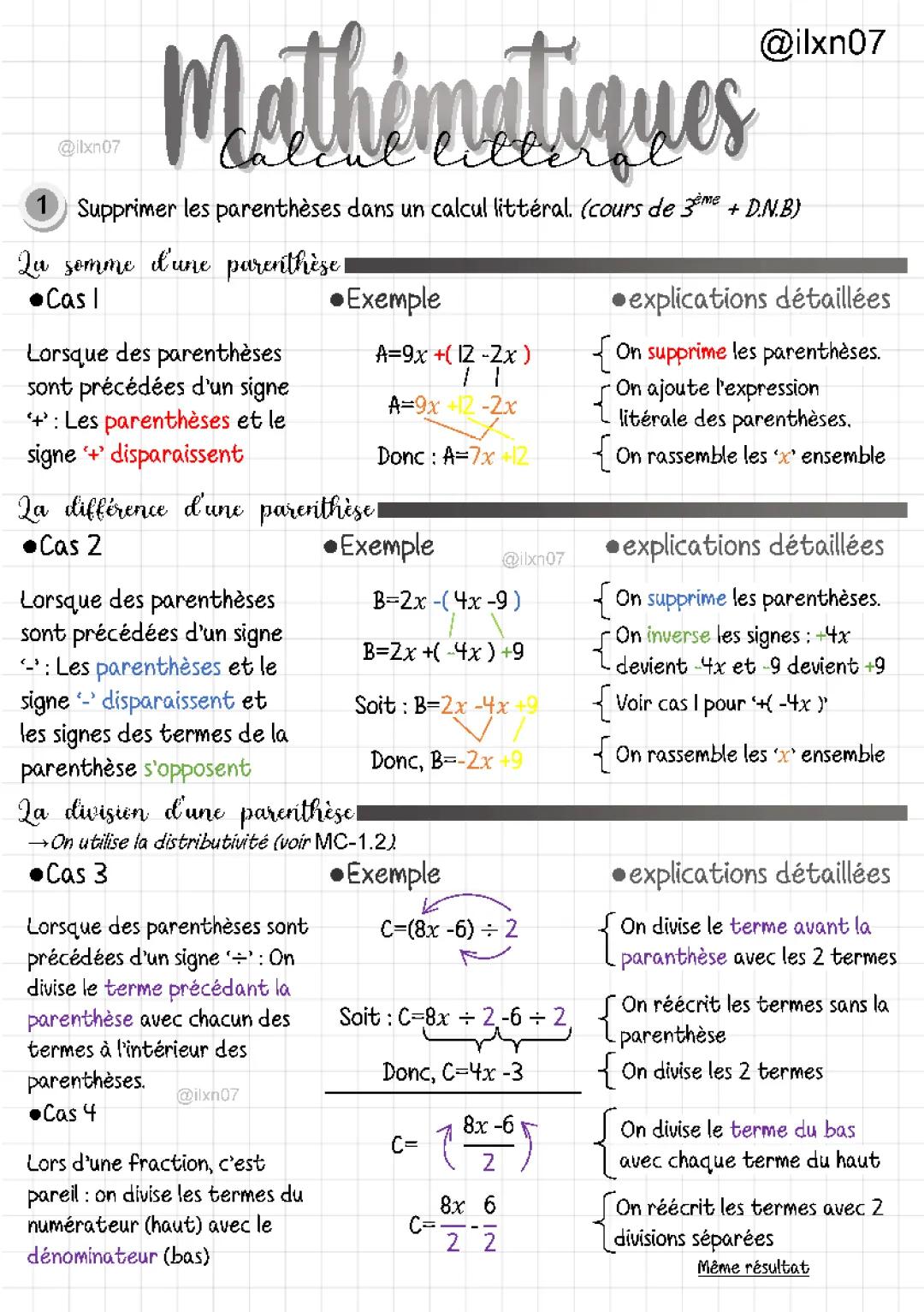 Exercices corrigés: Comment supprimer les parenthèses en calcul littéral 4e