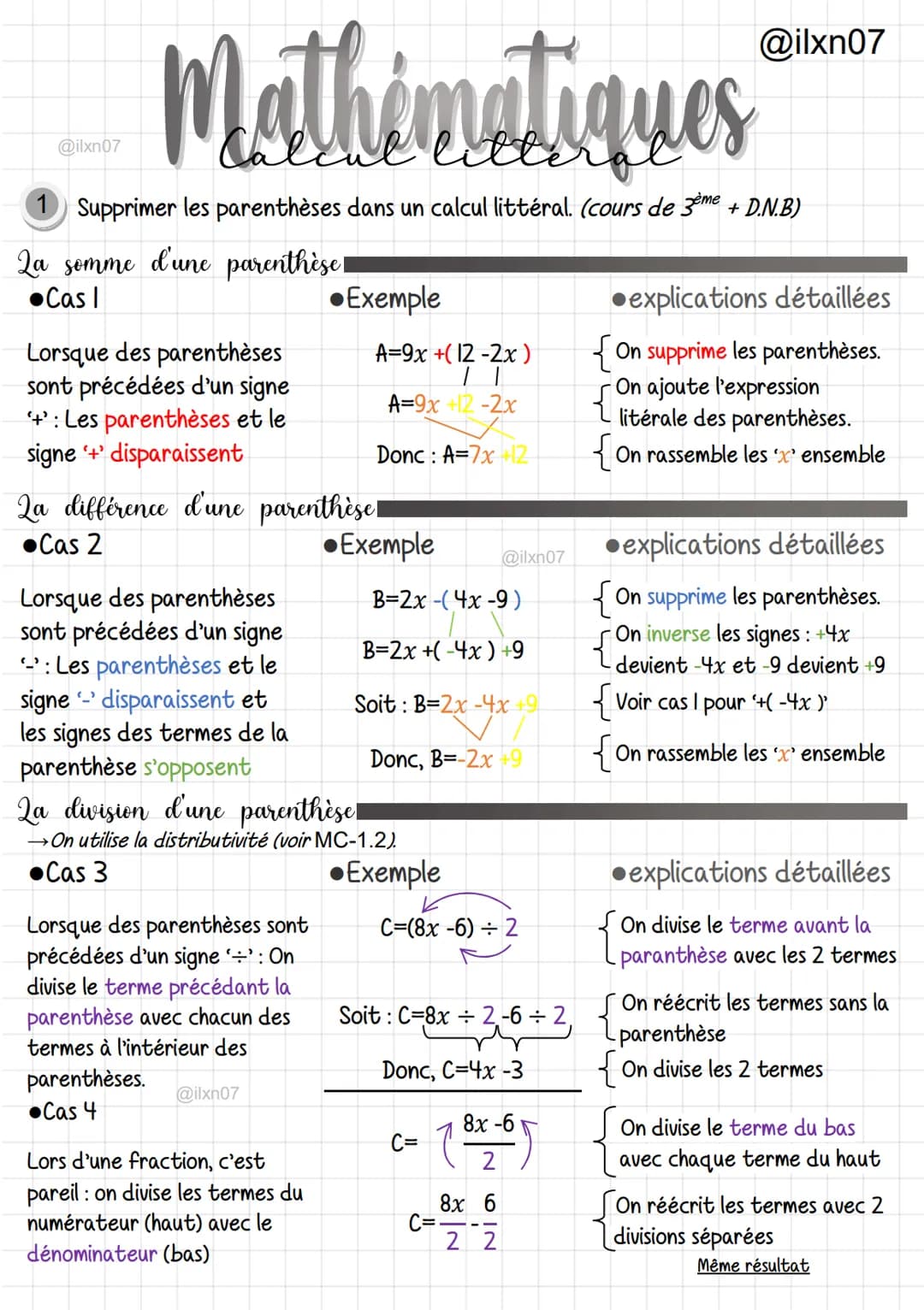 Mathématiques
1 Supprimer les parenthèses dans un calcul littéral. (cours de 3ème + D.N.B)
@ilxn07
La somme d'une parenthèse!
●Cas I
Lorsque