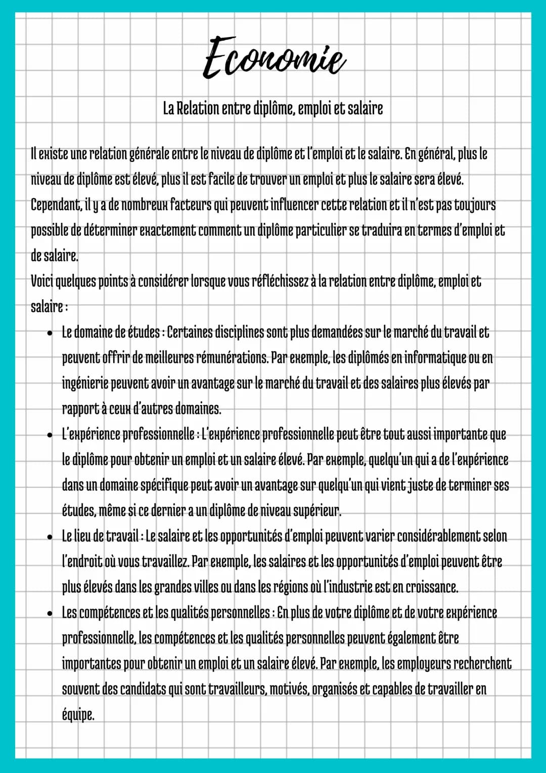 Economie
La Relation entre diplôme, emploi et salaire
Il existe une relation générale entre le niveau de diplôme et l’emploi et le salaire. 