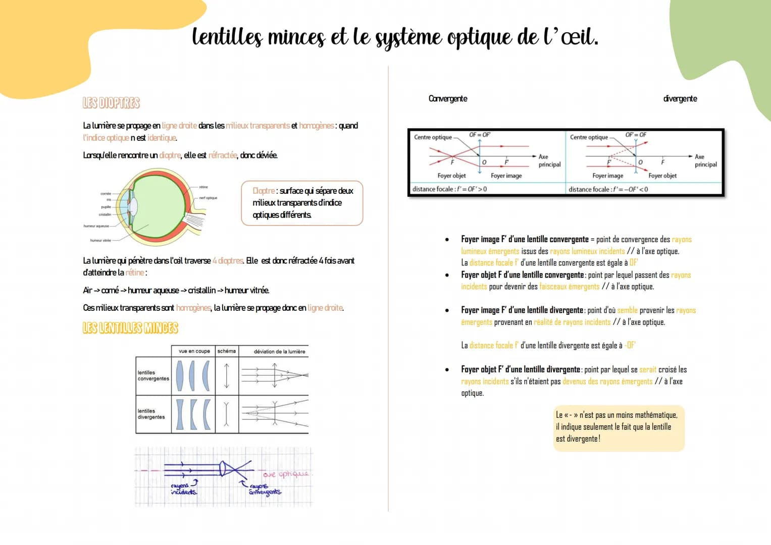 LES DIOPTRES
La lumière se propage en ligne droite dans les milieux transparents et homogènes: quand
l'indice optique n est identique.
Lorsq