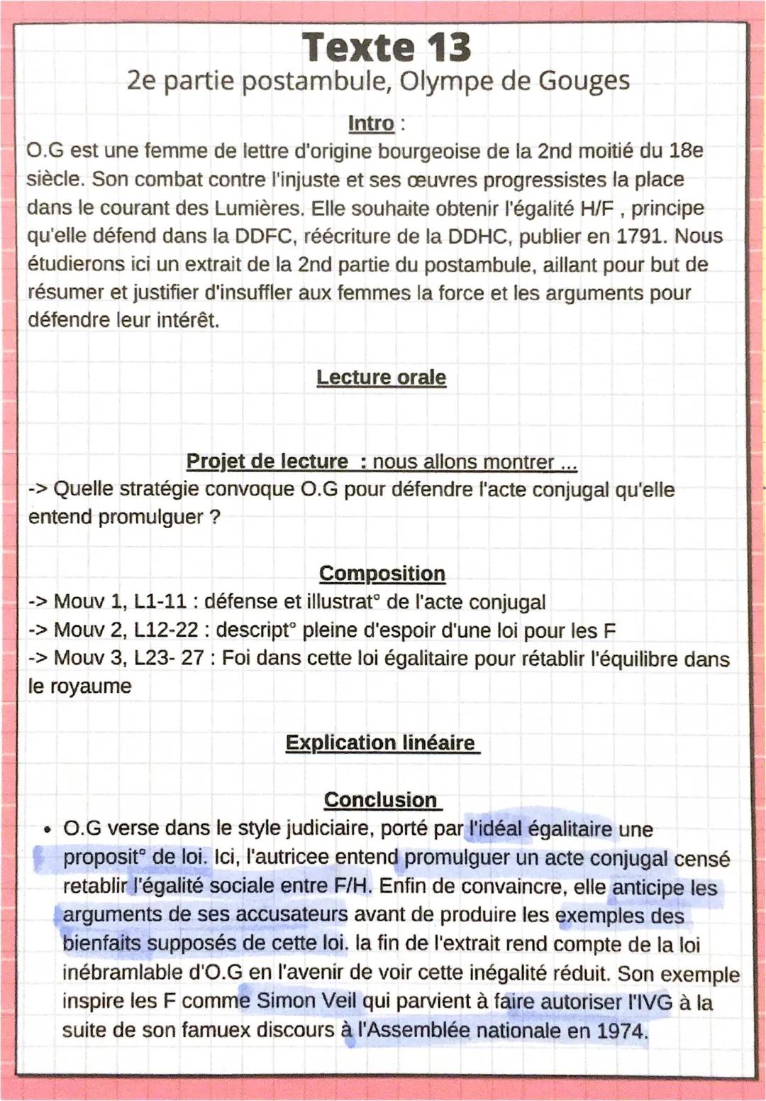 Postambule Olympe de Gouges - Analyse Linéaire et PDF
