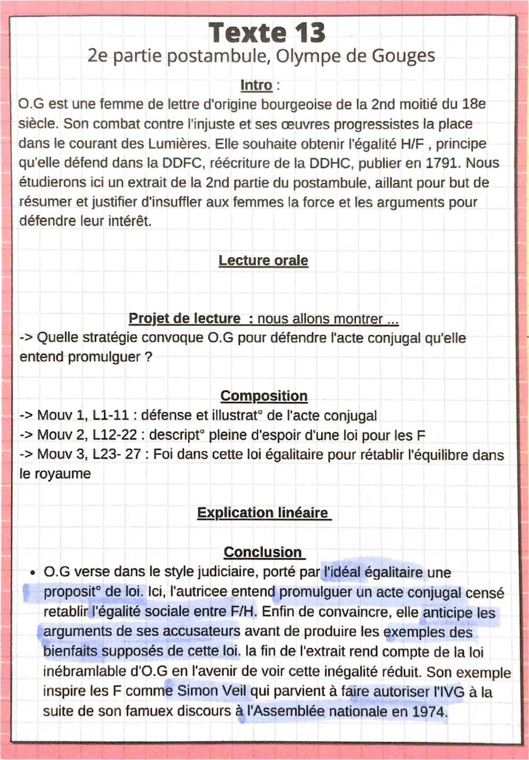 Texte 13
2e partie postambule, Olympe de Gouges
Intro:
O.G est une femme de lettre d'origine bourgeoise de la 2nd moitié du 18e
siècle. Son 