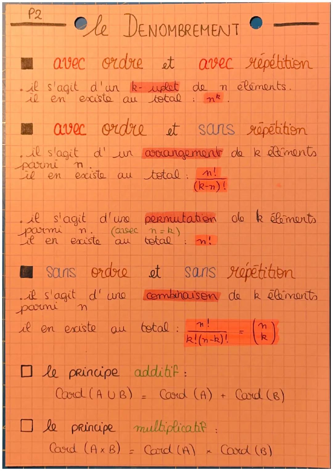 P2
●le DENOMBREMENT
avec ordre et
avec répétition
il s'agit d'un k- uplet de n elements.
il en existe au total
:
nk
avec ordre et sans répét